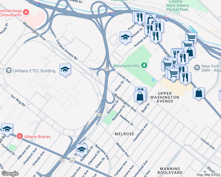 map of restaurants, bars, coffee shops, grocery stores, and more near 1 Jermain Street in Albany