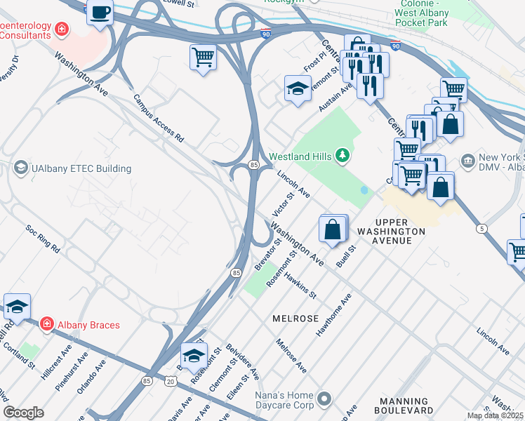 map of restaurants, bars, coffee shops, grocery stores, and more near 1 Jermain Street in Albany