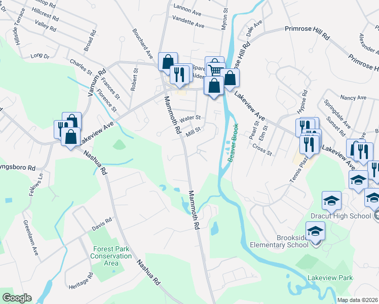 map of restaurants, bars, coffee shops, grocery stores, and more near 1089 Mammoth Road in Dracut