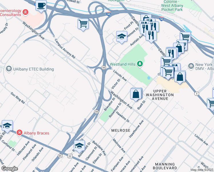 map of restaurants, bars, coffee shops, grocery stores, and more near 8 Jermain Street in Albany