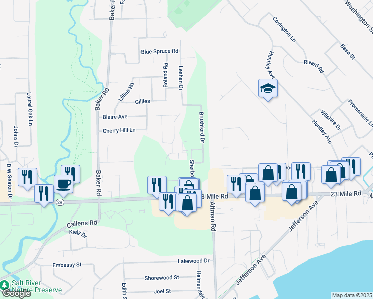 map of restaurants, bars, coffee shops, grocery stores, and more near 34869 Galway Drive in New Baltimore