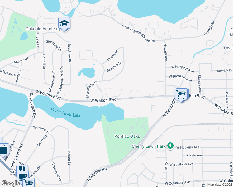 map of restaurants, bars, coffee shops, grocery stores, and more near 600 West Walton Boulevard in Pontiac