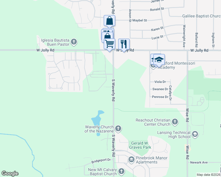 map of restaurants, bars, coffee shops, grocery stores, and more near 5322 South Waverly Road in Lansing
