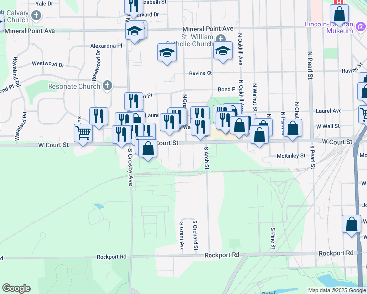 map of restaurants, bars, coffee shops, grocery stores, and more near 2206 West Court Street in Janesville