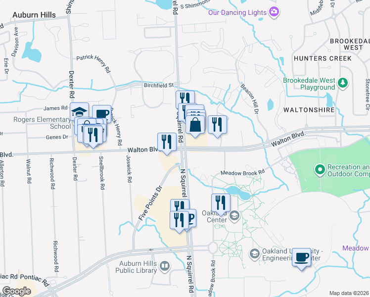 map of restaurants, bars, coffee shops, grocery stores, and more near North Squirrel Road & East Walton Boulevard in Auburn Hills