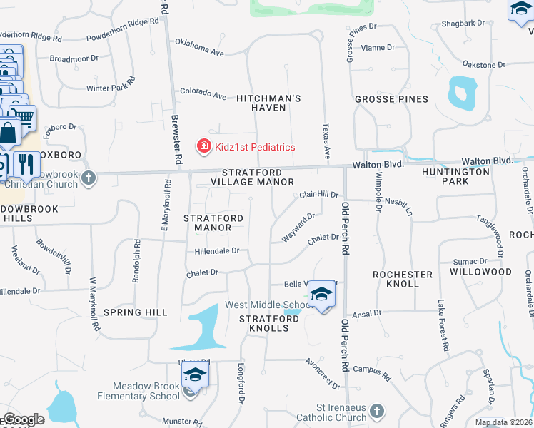 map of restaurants, bars, coffee shops, grocery stores, and more near 105 Avonwood Boulevard in Rochester Hills