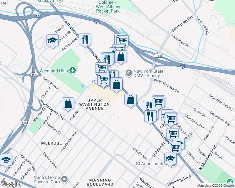 map of restaurants, bars, coffee shops, grocery stores, and more near 820 Central Avenue in Albany