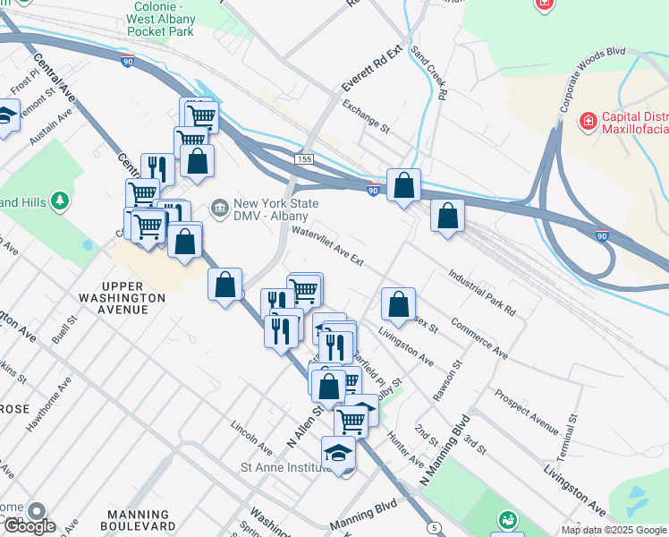 map of restaurants, bars, coffee shops, grocery stores, and more near 100 Watervliet Avenue in Albany