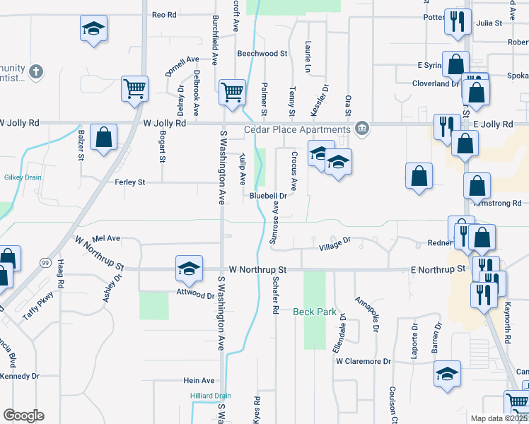 map of restaurants, bars, coffee shops, grocery stores, and more near 615 Bluebell Drive in Lansing