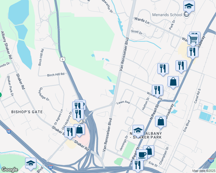 map of restaurants, bars, coffee shops, grocery stores, and more near 141 Van Rensselaer Boulevard in Albany