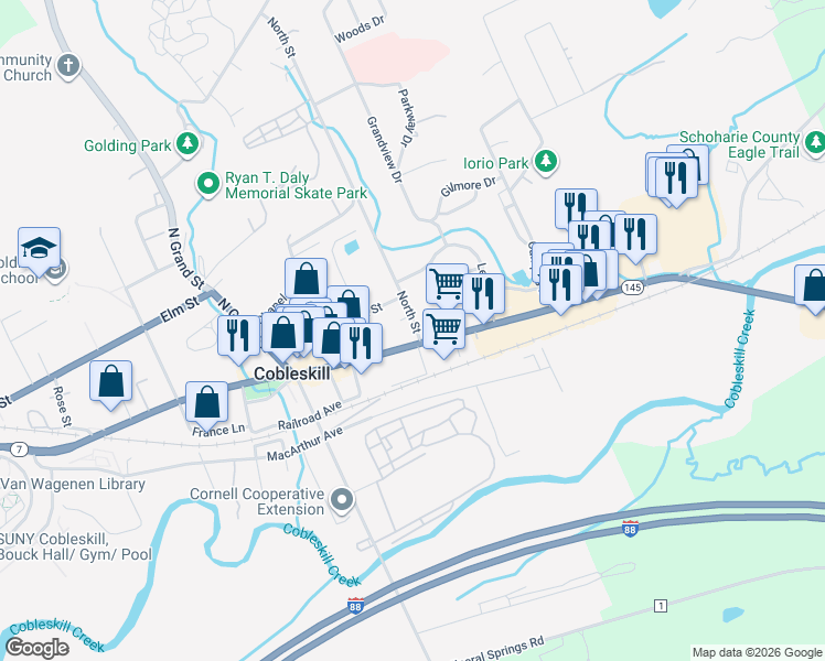 map of restaurants, bars, coffee shops, grocery stores, and more near 111 North Street in Cobleskill