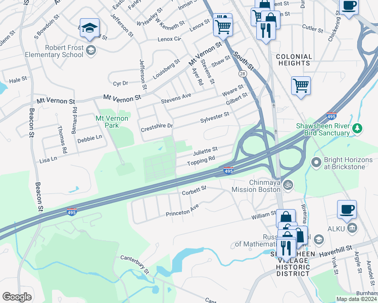 map of restaurants, bars, coffee shops, grocery stores, and more near 99 Corbett Street in Andover