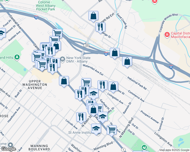 map of restaurants, bars, coffee shops, grocery stores, and more near in Albany