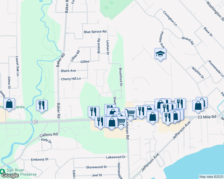 map of restaurants, bars, coffee shops, grocery stores, and more near 34869 Galway Drive in New Baltimore