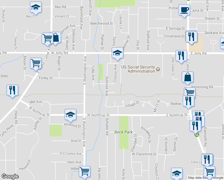 map of restaurants, bars, coffee shops, grocery stores, and more near 520 Patricia Street in Lansing