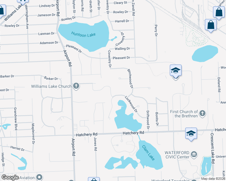 map of restaurants, bars, coffee shops, grocery stores, and more near 2745 Moosewood Drive in Waterford Township