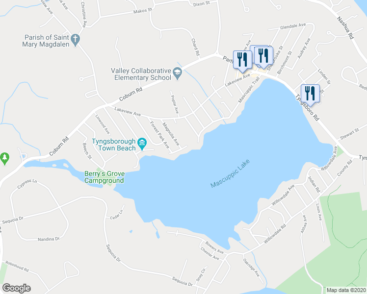 map of restaurants, bars, coffee shops, grocery stores, and more near 46 Mascuppic Trail in Tyngsborough