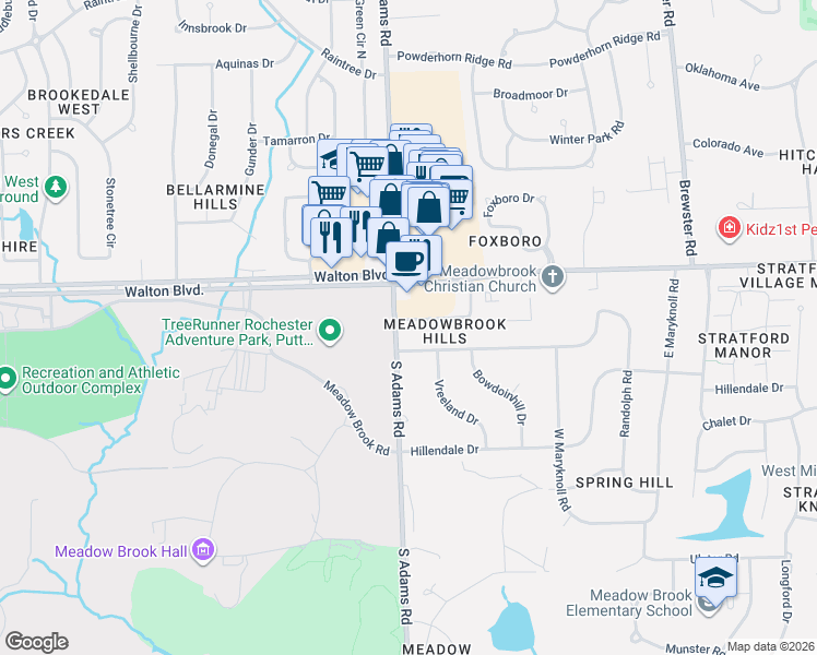 map of restaurants, bars, coffee shops, grocery stores, and more near 2947 Meadowbrook Drive in Rochester Hills