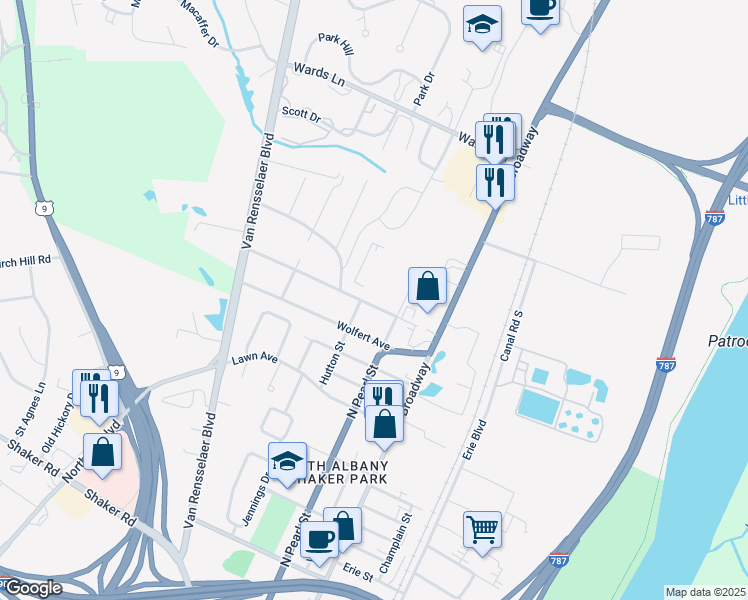 map of restaurants, bars, coffee shops, grocery stores, and more near 19 Amsterdam Avenue in Menands