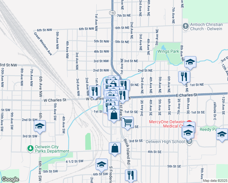 map of restaurants, bars, coffee shops, grocery stores, and more near 25 North Frederick Avenue in Oelwein