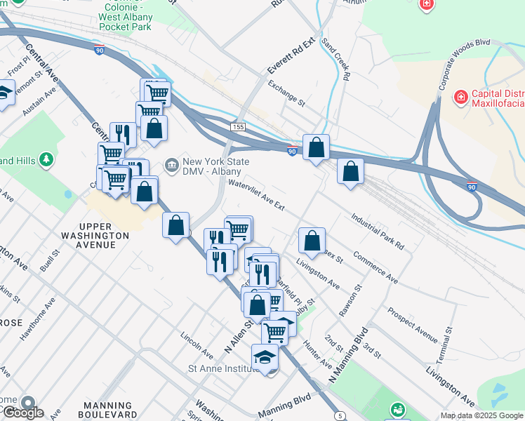map of restaurants, bars, coffee shops, grocery stores, and more near 100 Watervliet Avenue in Albany