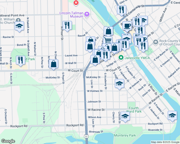 map of restaurants, bars, coffee shops, grocery stores, and more near 104 Linn Street in Janesville