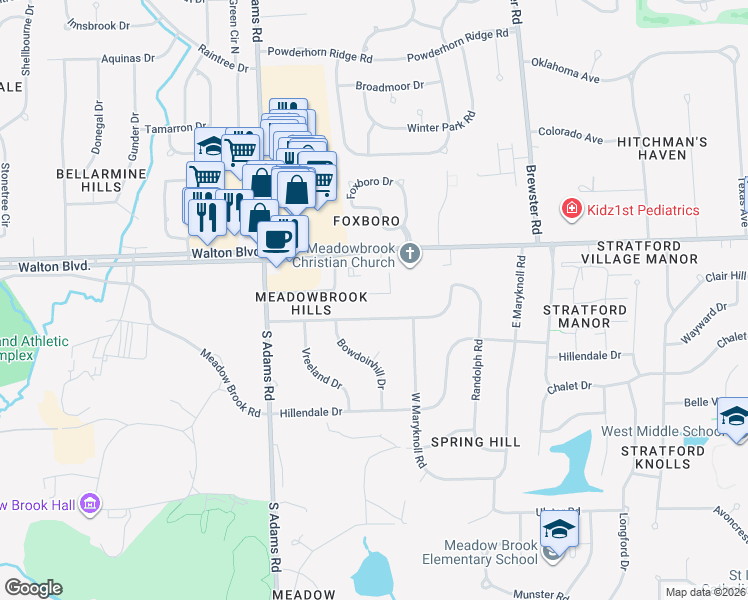 map of restaurants, bars, coffee shops, grocery stores, and more near 2864 Trailwood Drive in Rochester Hills