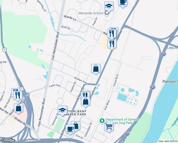 map of restaurants, bars, coffee shops, grocery stores, and more near 738 North Pearl Street in Menands