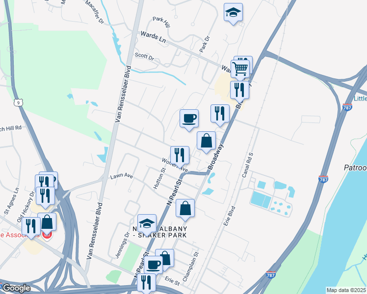 map of restaurants, bars, coffee shops, grocery stores, and more near 19 Amsterdam Avenue in Menands