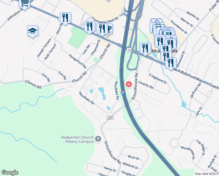 map of restaurants, bars, coffee shops, grocery stores, and more near 60 Woodlake Road in Albany