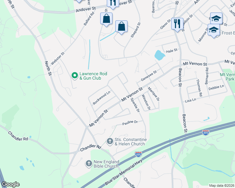 map of restaurants, bars, coffee shops, grocery stores, and more near 10 Mount Vernon Circle in Lawrence