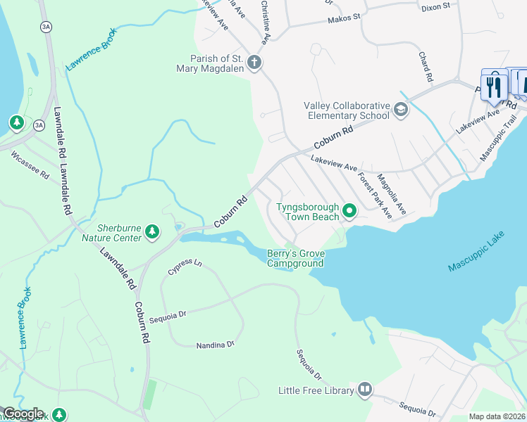 map of restaurants, bars, coffee shops, grocery stores, and more near 17 Beech Street in Tyngsborough