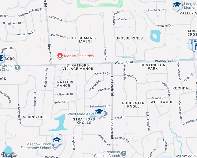 map of restaurants, bars, coffee shops, grocery stores, and more near 61 Clair Hill Drive in Rochester Hills