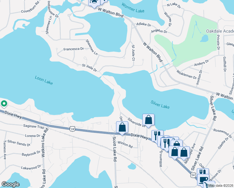 map of restaurants, bars, coffee shops, grocery stores, and more near 2751 Silverside Drive in Waterford Township