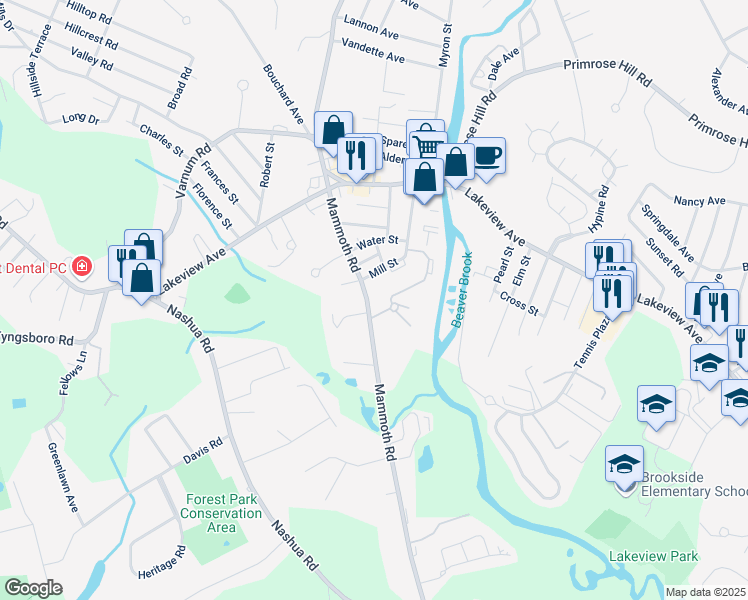 map of restaurants, bars, coffee shops, grocery stores, and more near 1083 Mammoth Road in Dracut