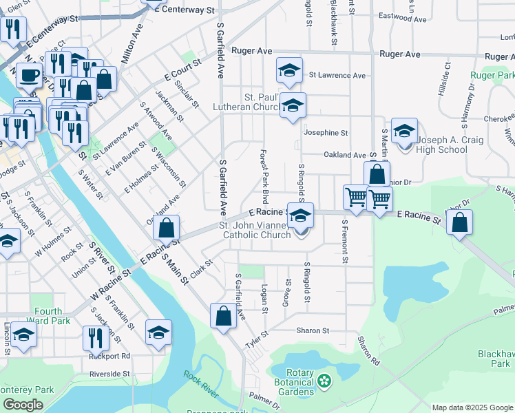 map of restaurants, bars, coffee shops, grocery stores, and more near 1125 East Racine Street in Janesville