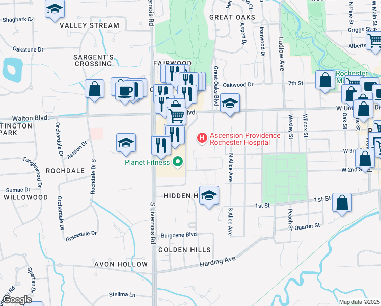 map of restaurants, bars, coffee shops, grocery stores, and more near 115 South Livernois Road in Rochester Hills