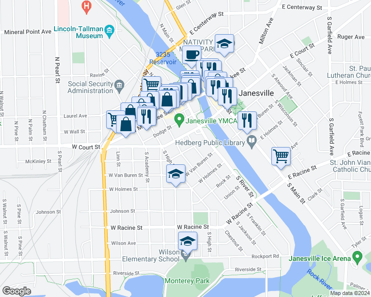 map of restaurants, bars, coffee shops, grocery stores, and more near 214 McKinley Street in Janesville