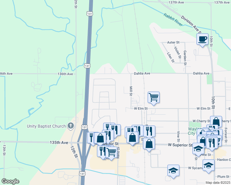 map of restaurants, bars, coffee shops, grocery stores, and more near 3578 Windsor Woods Drive in Wayland