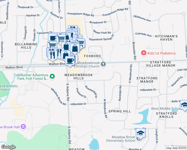 map of restaurants, bars, coffee shops, grocery stores, and more near 2864 Trailwood Drive in Rochester Hills