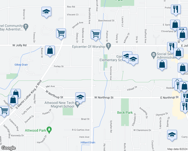 map of restaurants, bars, coffee shops, grocery stores, and more near 5335 South Washington Avenue in Lansing