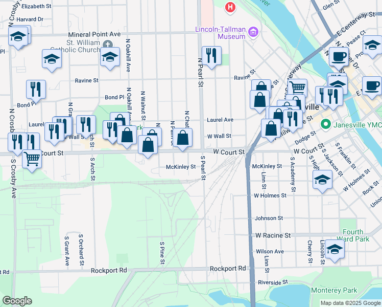 map of restaurants, bars, coffee shops, grocery stores, and more near 1320 West Court Street in Janesville