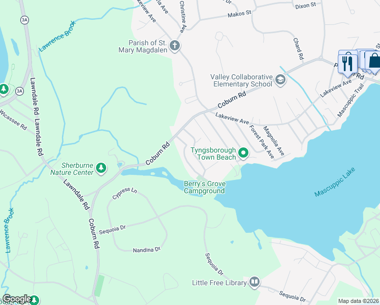 map of restaurants, bars, coffee shops, grocery stores, and more near 16 Davis Street in Tyngsborough