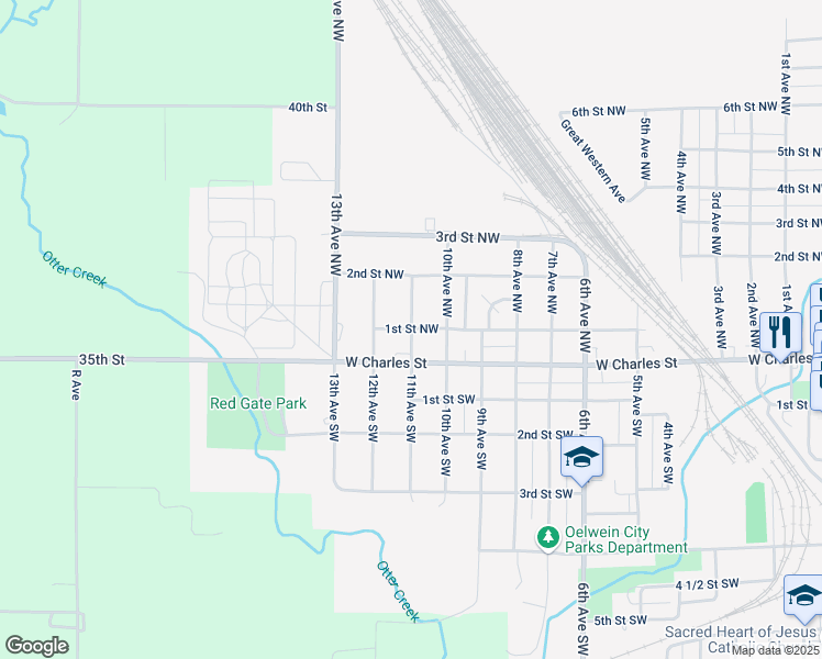 map of restaurants, bars, coffee shops, grocery stores, and more near 1101 1st Street Northwest in Oelwein