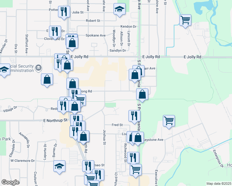 map of restaurants, bars, coffee shops, grocery stores, and more near 736 Armstrong Road in Lansing