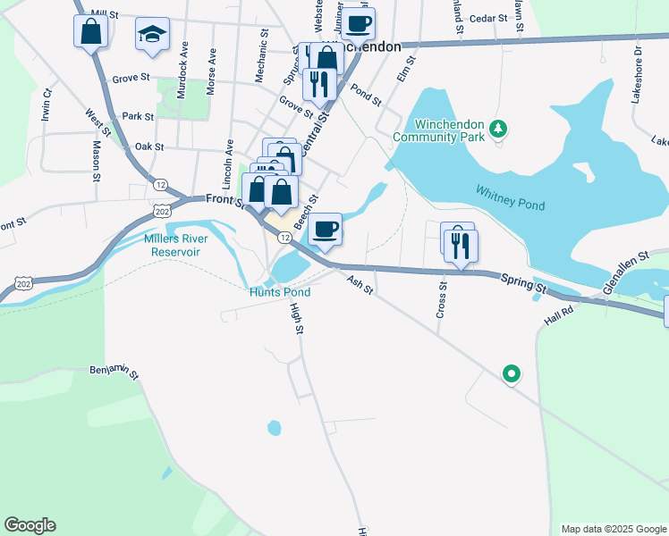 map of restaurants, bars, coffee shops, grocery stores, and more near 118 Spring Street in Winchendon