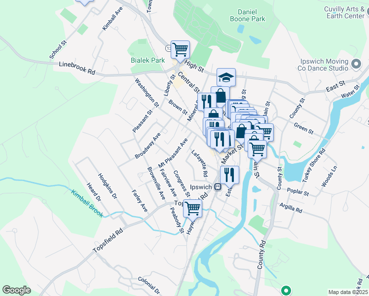 map of restaurants, bars, coffee shops, grocery stores, and more near 10 Mount Pleasant Avenue in Ipswich
