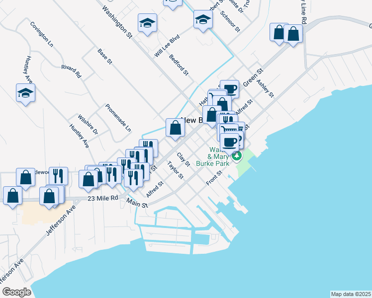 map of restaurants, bars, coffee shops, grocery stores, and more near 51139 Base Street in New Baltimore