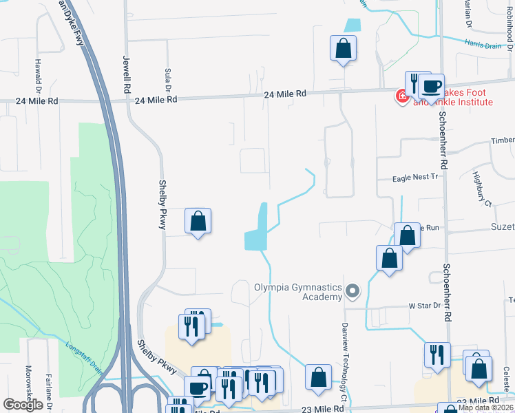 map of restaurants, bars, coffee shops, grocery stores, and more near 12412 24 Mile Road in Macomb County