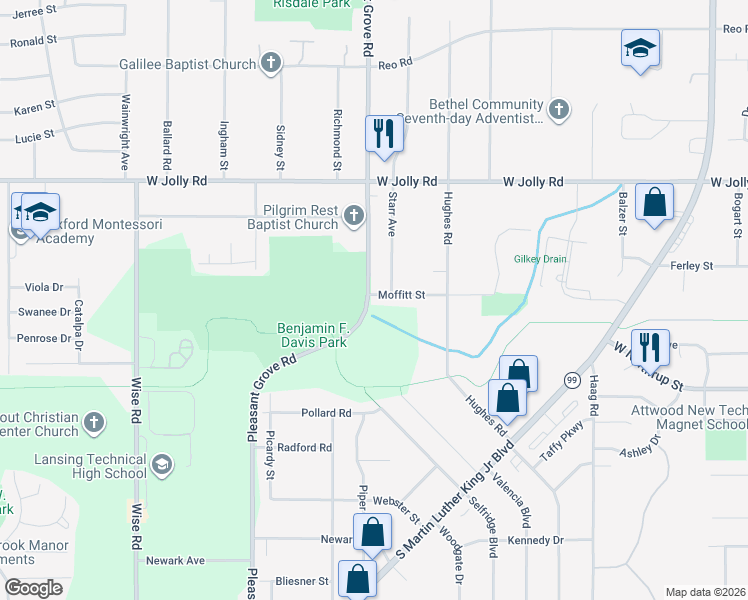 map of restaurants, bars, coffee shops, grocery stores, and more near 2119 Moffitt Street in Lansing